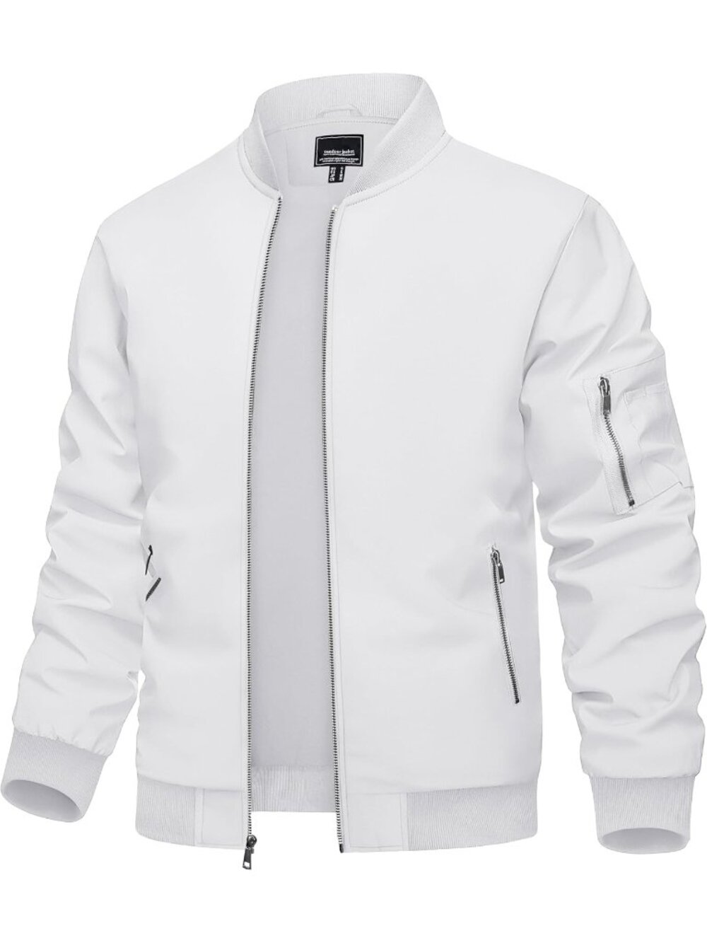 Men's White Full Zipper Stand Collar Pockets Classic Windbreaker Bomber Jacket